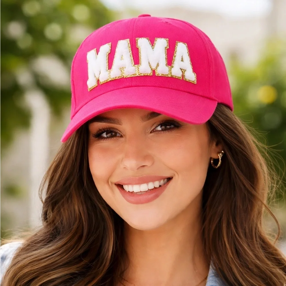 Fuchsia MAMA Hat Chenille Patch Trucker Cap Pink Gold Glitter Mom Hat Cute Gift